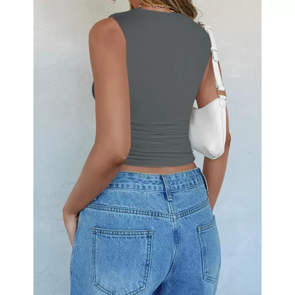 imageZESICA Womens Summer Tank Tops 2024 Sleeveless Crewneck Knit Slim Fitted Side Ruched Casual Basic ShirtCharcoal