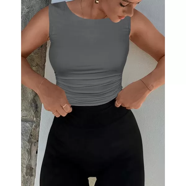 imageZESICA Womens Summer Tank Tops 2024 Sleeveless Crewneck Knit Slim Fitted Side Ruched Casual Basic ShirtCharcoal