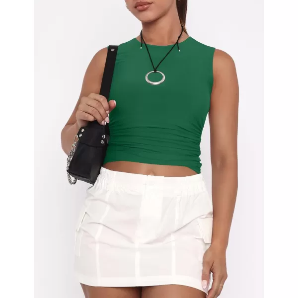 imageZESICA Womens Summer Tank Tops 2024 Sleeveless Crewneck Knit Slim Fitted Side Ruched Casual Basic ShirtGreen