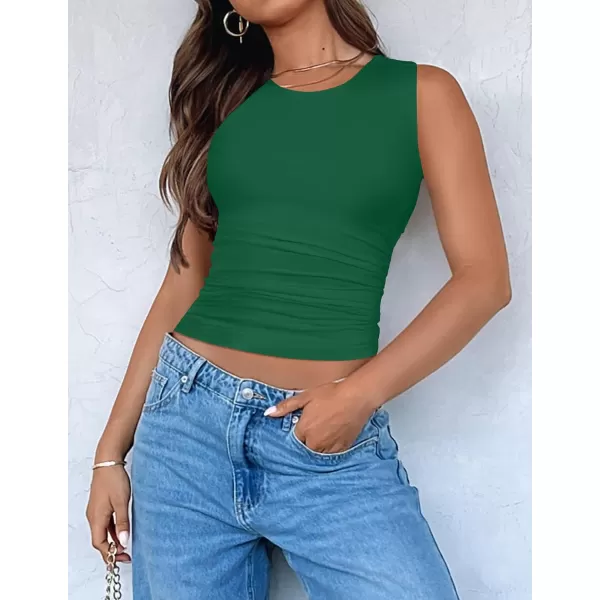 imageZESICA Womens Summer Tank Tops 2024 Sleeveless Crewneck Knit Slim Fitted Side Ruched Casual Basic ShirtGreen