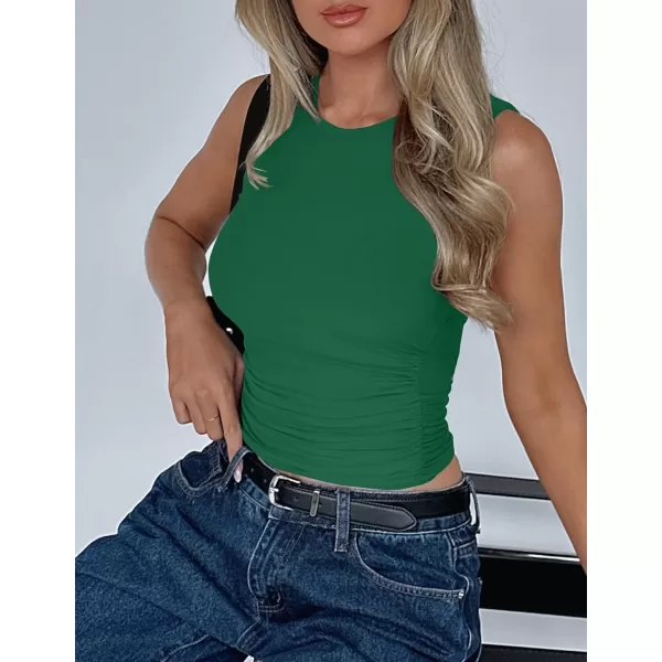 imageZESICA Womens Summer Tank Tops 2024 Sleeveless Crewneck Knit Slim Fitted Side Ruched Casual Basic ShirtGreen