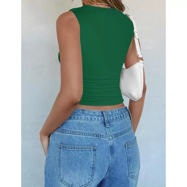 imageZESICA Womens Summer Tank Tops 2024 Sleeveless Crewneck Knit Slim Fitted Side Ruched Casual Basic ShirtGreen
