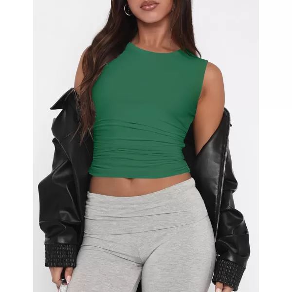 imageZESICA Womens Summer Tank Tops 2024 Sleeveless Crewneck Knit Slim Fitted Side Ruched Casual Basic ShirtGreen