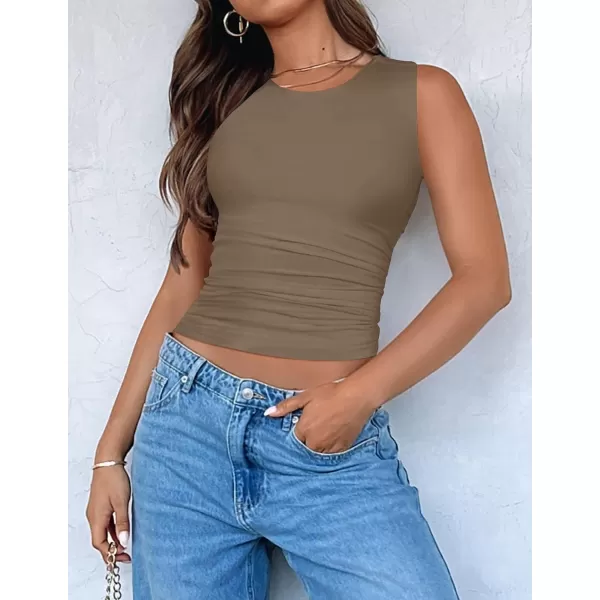 imageZESICA Womens Summer Tank Tops 2024 Sleeveless Crewneck Knit Slim Fitted Side Ruched Casual Basic ShirtMocha
