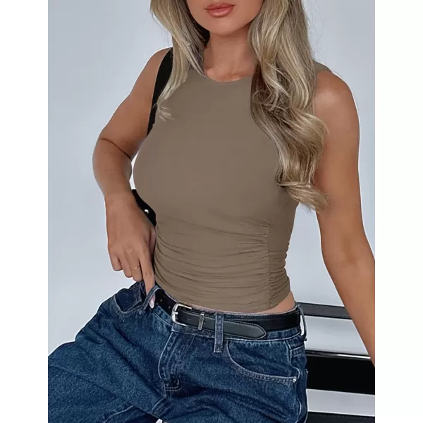 imageZESICA Womens Summer Tank Tops 2024 Sleeveless Crewneck Knit Slim Fitted Side Ruched Casual Basic ShirtMocha