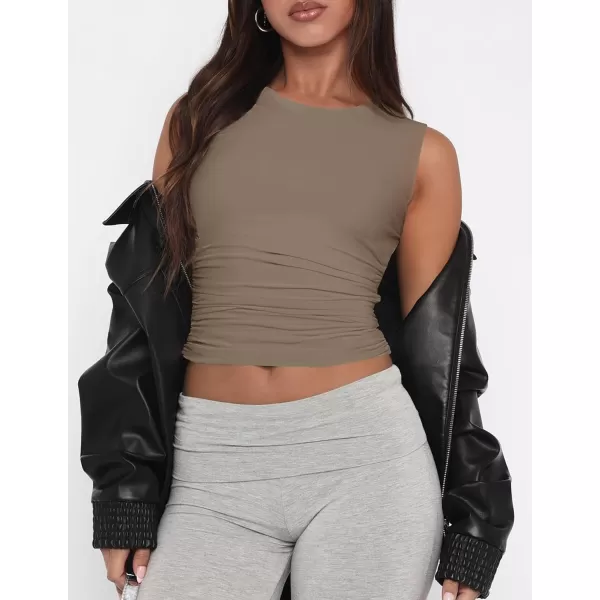 imageZESICA Womens Summer Tank Tops 2024 Sleeveless Crewneck Knit Slim Fitted Side Ruched Casual Basic ShirtMocha