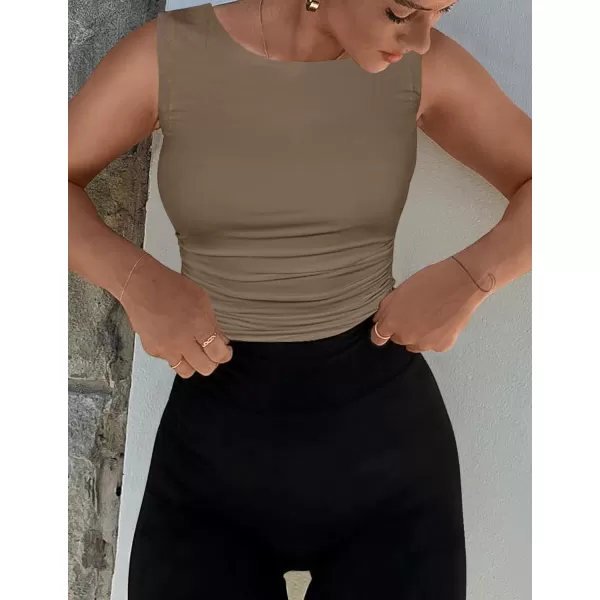 imageZESICA Womens Summer Tank Tops 2024 Sleeveless Crewneck Knit Slim Fitted Side Ruched Casual Basic ShirtMocha