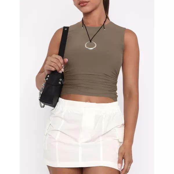imageZESICA Womens Summer Tank Tops 2024 Sleeveless Crewneck Knit Slim Fitted Side Ruched Casual Basic ShirtMocha