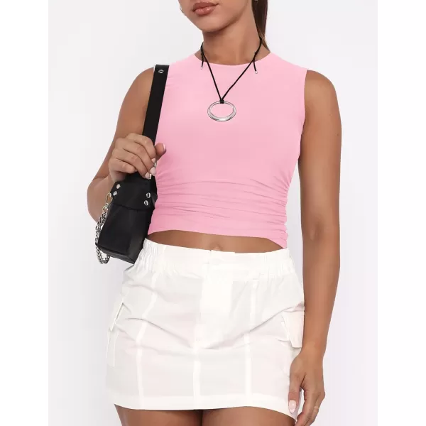imageZESICA Womens Summer Tank Tops 2024 Sleeveless Crewneck Knit Slim Fitted Side Ruched Casual Basic ShirtPink