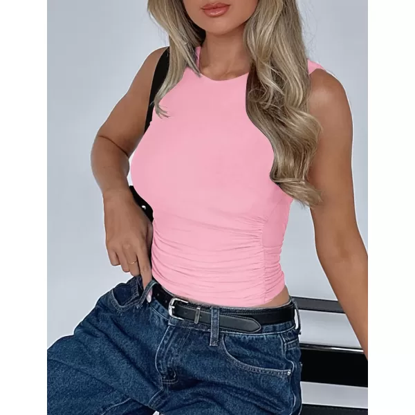 imageZESICA Womens Summer Tank Tops 2024 Sleeveless Crewneck Knit Slim Fitted Side Ruched Casual Basic ShirtPink