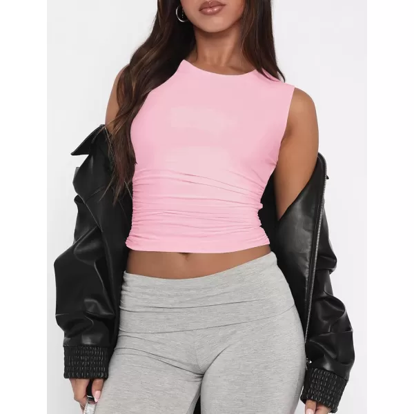 imageZESICA Womens Summer Tank Tops 2024 Sleeveless Crewneck Knit Slim Fitted Side Ruched Casual Basic ShirtPink