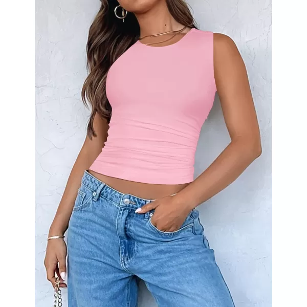 imageZESICA Womens Summer Tank Tops 2024 Sleeveless Crewneck Knit Slim Fitted Side Ruched Casual Basic ShirtPink