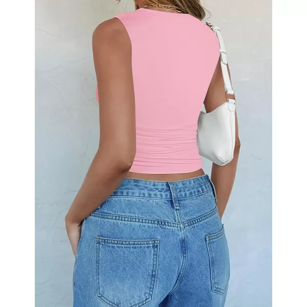 imageZESICA Womens Summer Tank Tops 2024 Sleeveless Crewneck Knit Slim Fitted Side Ruched Casual Basic ShirtPink