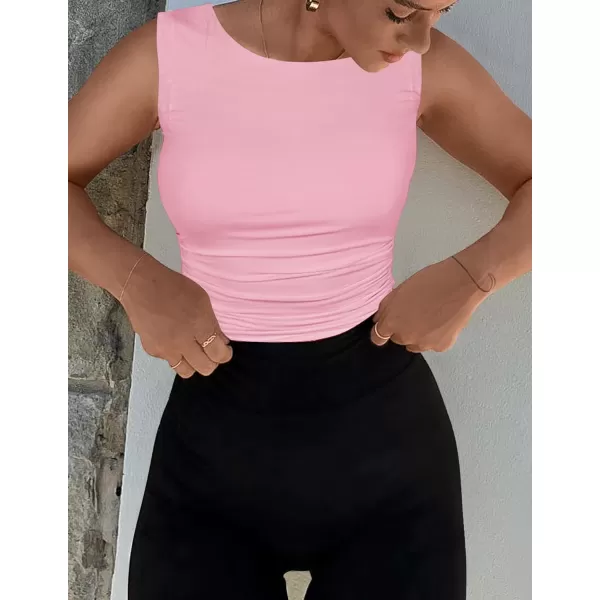 imageZESICA Womens Summer Tank Tops 2024 Sleeveless Crewneck Knit Slim Fitted Side Ruched Casual Basic ShirtPink
