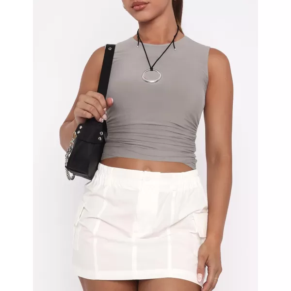 imageZESICA Womens Summer Tank Tops 2024 Sleeveless Crewneck Knit Slim Fitted Side Ruched Casual Basic ShirtSmoke