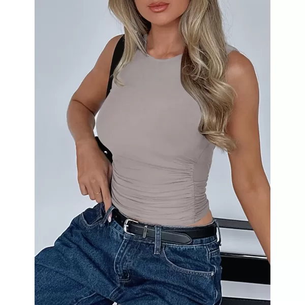 imageZESICA Womens Summer Tank Tops 2024 Sleeveless Crewneck Knit Slim Fitted Side Ruched Casual Basic ShirtSmoke