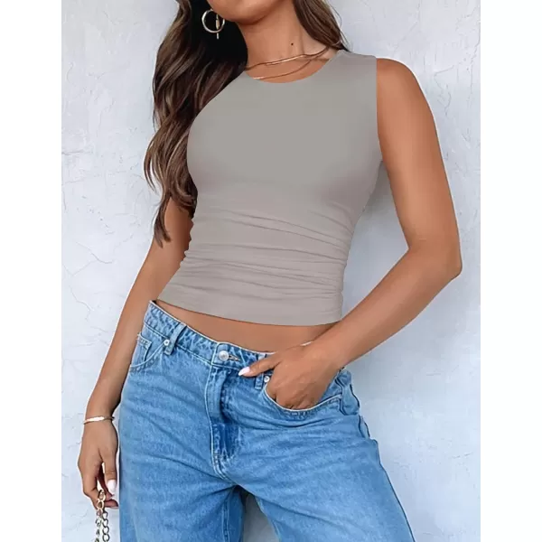 imageZESICA Womens Summer Tank Tops 2024 Sleeveless Crewneck Knit Slim Fitted Side Ruched Casual Basic ShirtSmoke