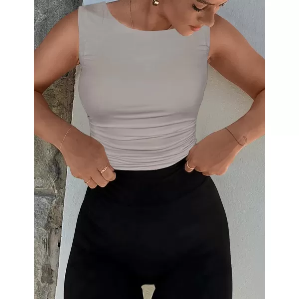 imageZESICA Womens Summer Tank Tops 2024 Sleeveless Crewneck Knit Slim Fitted Side Ruched Casual Basic ShirtSmoke