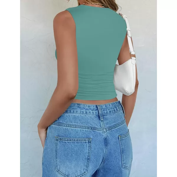 imageZESICA Womens Summer Tank Tops 2024 Sleeveless Crewneck Knit Slim Fitted Side Ruched Casual Basic ShirtTeal