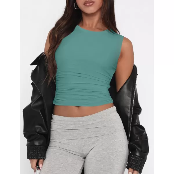 imageZESICA Womens Summer Tank Tops 2024 Sleeveless Crewneck Knit Slim Fitted Side Ruched Casual Basic ShirtTeal