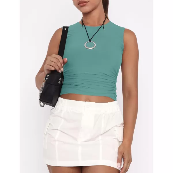 imageZESICA Womens Summer Tank Tops 2024 Sleeveless Crewneck Knit Slim Fitted Side Ruched Casual Basic ShirtTeal