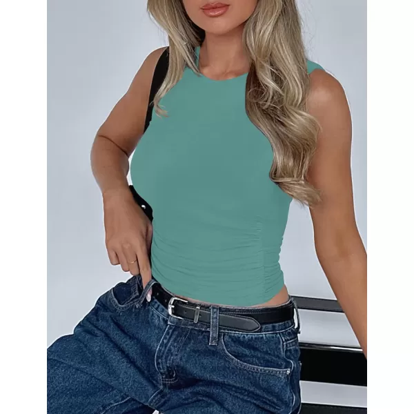 imageZESICA Womens Summer Tank Tops 2024 Sleeveless Crewneck Knit Slim Fitted Side Ruched Casual Basic ShirtTeal