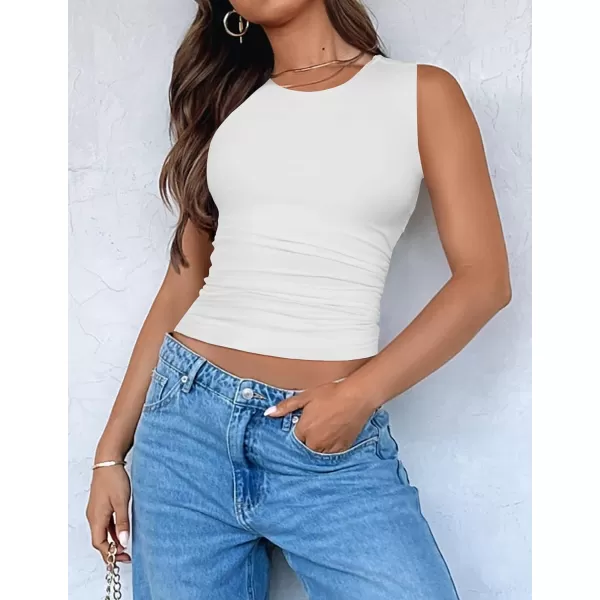 imageZESICA Womens Summer Tank Tops 2024 Sleeveless Crewneck Knit Slim Fitted Side Ruched Casual Basic ShirtWhite