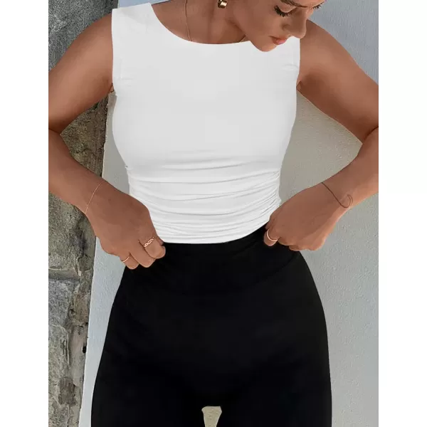 imageZESICA Womens Summer Tank Tops 2024 Sleeveless Crewneck Knit Slim Fitted Side Ruched Casual Basic ShirtWhite