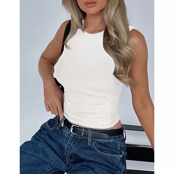 imageZESICA Womens Summer Tank Tops 2024 Sleeveless Crewneck Knit Slim Fitted Side Ruched Casual Basic ShirtWhite