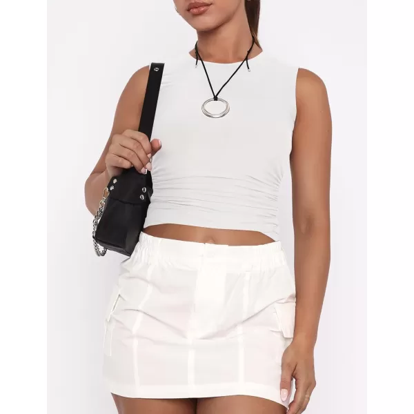 imageZESICA Womens Summer Tank Tops 2024 Sleeveless Crewneck Knit Slim Fitted Side Ruched Casual Basic ShirtWhite