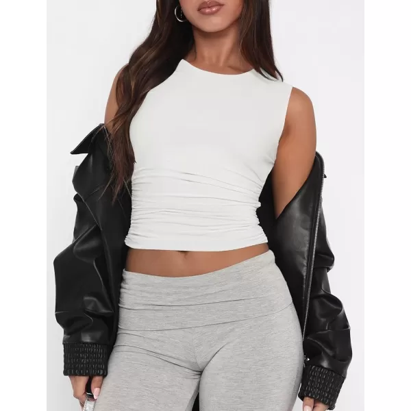 imageZESICA Womens Summer Tank Tops 2024 Sleeveless Crewneck Knit Slim Fitted Side Ruched Casual Basic ShirtWhite