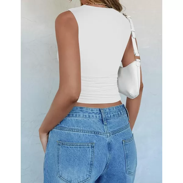 imageZESICA Womens Summer Tank Tops 2024 Sleeveless Crewneck Knit Slim Fitted Side Ruched Casual Basic ShirtWhite