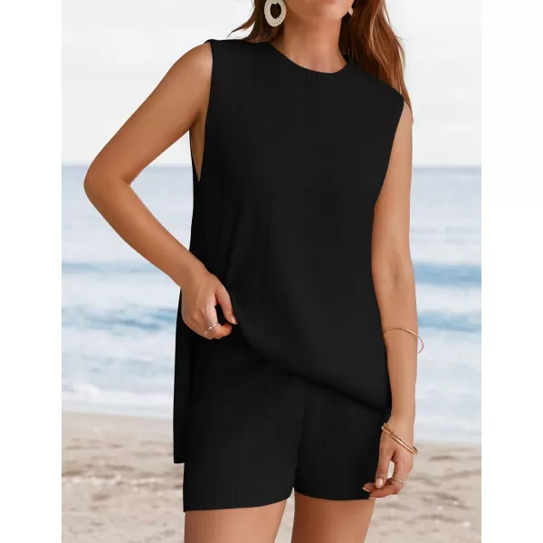 imageZESICA Womens Summer Two Piece Knit Outfits 2024 Casual Trendy Tank and Shorts Lounge SetsBlack
