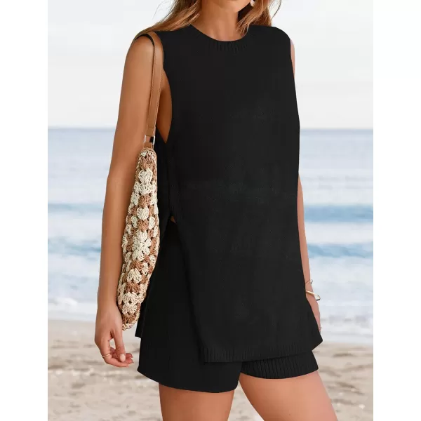 imageZESICA Womens Summer Two Piece Knit Outfits 2024 Casual Trendy Tank and Shorts Lounge SetsBlack