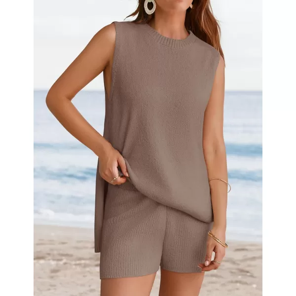 imageZESICA Womens Summer Two Piece Knit Outfits 2024 Casual Trendy Tank and Shorts Lounge SetsCamel