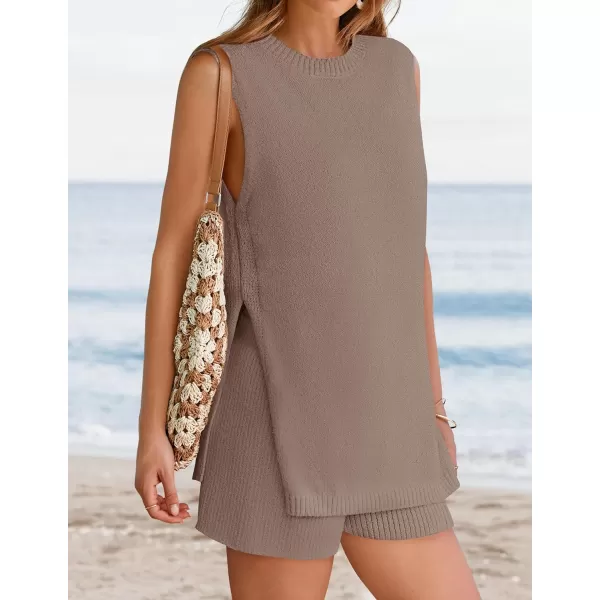 imageZESICA Womens Summer Two Piece Knit Outfits 2024 Casual Trendy Tank and Shorts Lounge SetsCamel