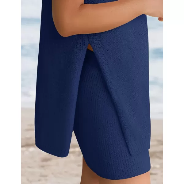 imageZESICA Womens Summer Two Piece Knit Outfits 2024 Casual Trendy Tank and Shorts Lounge SetsDark Blue