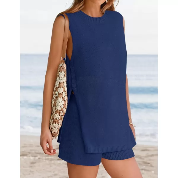 imageZESICA Womens Summer Two Piece Knit Outfits 2024 Casual Trendy Tank and Shorts Lounge SetsDark Blue