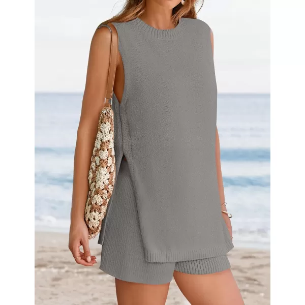 imageZESICA Womens Summer Two Piece Knit Outfits 2024 Casual Trendy Tank and Shorts Lounge SetsGrey
