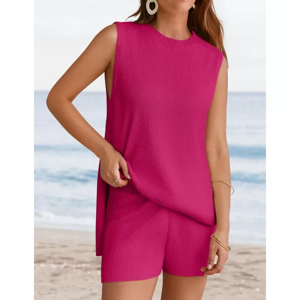 imageZESICA Womens Summer Two Piece Knit Outfits 2024 Casual Trendy Tank and Shorts Lounge SetsRose