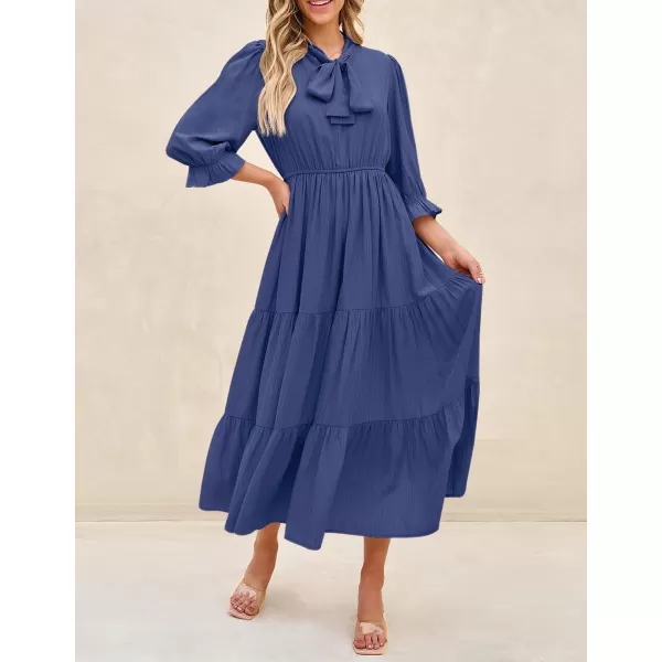 imageZESICA Womens Summer V Neck Maxi Dress Casual Short Sleeve Elastic High Tiered A Line Flowy Beach Party Long DressDark Blue