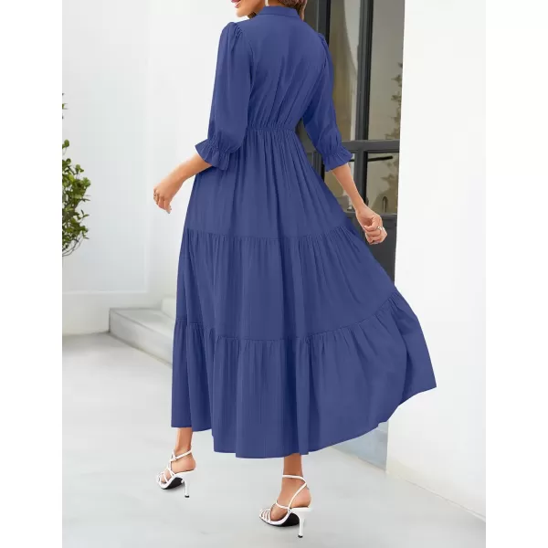 imageZESICA Womens Summer V Neck Maxi Dress Casual Short Sleeve Elastic High Tiered A Line Flowy Beach Party Long DressDark Blue