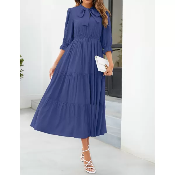 imageZESICA Womens Summer V Neck Maxi Dress Casual Short Sleeve Elastic High Tiered A Line Flowy Beach Party Long DressDark Blue