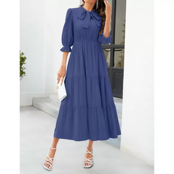 imageZESICA Womens Summer V Neck Maxi Dress Casual Short Sleeve Elastic High Tiered A Line Flowy Beach Party Long DressDark Blue