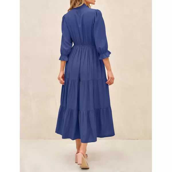 imageZESICA Womens Summer V Neck Maxi Dress Casual Short Sleeve Elastic High Tiered A Line Flowy Beach Party Long DressDark Blue