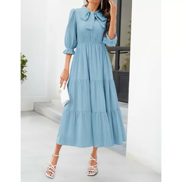 imageZESICA Womens Summer V Neck Maxi Dress Casual Short Sleeve Elastic High Tiered A Line Flowy Beach Party Long DressLightblue