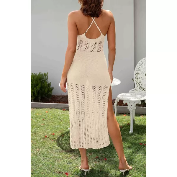 imageZESICA Womens Summer V Neck Sleeveless Dress Crochet Spaghetti Strap Beach Cover up Split Bodycon Midi DressesApricot