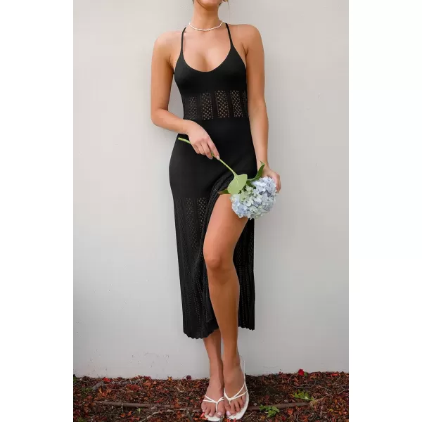 imageZESICA Womens Summer V Neck Sleeveless Dress Crochet Spaghetti Strap Beach Cover up Split Bodycon Midi DressesBlack