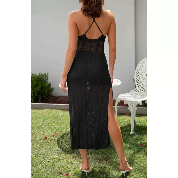 imageZESICA Womens Summer V Neck Sleeveless Dress Crochet Spaghetti Strap Beach Cover up Split Bodycon Midi DressesBlack