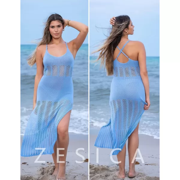 imageZESICA Womens Summer V Neck Sleeveless Dress Crochet Spaghetti Strap Beach Cover up Split Bodycon Midi DressesBlue